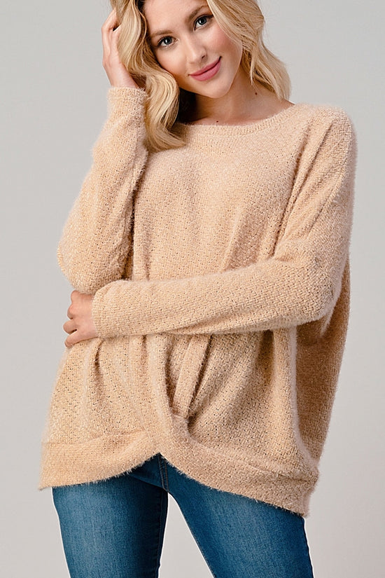 Crepas Super Soft Tan Megan Sweater with Front Twist Detail - in Curvy!