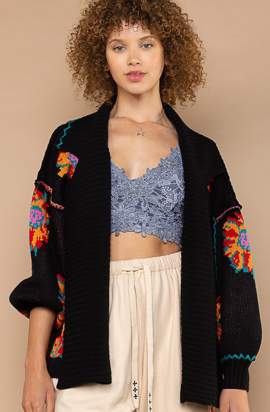Load image into Gallery viewer, POL Black Colorful Sunflower Cardigan
