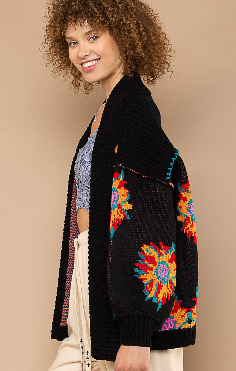 Load image into Gallery viewer, POL Black Colorful Sunflower Cardigan
