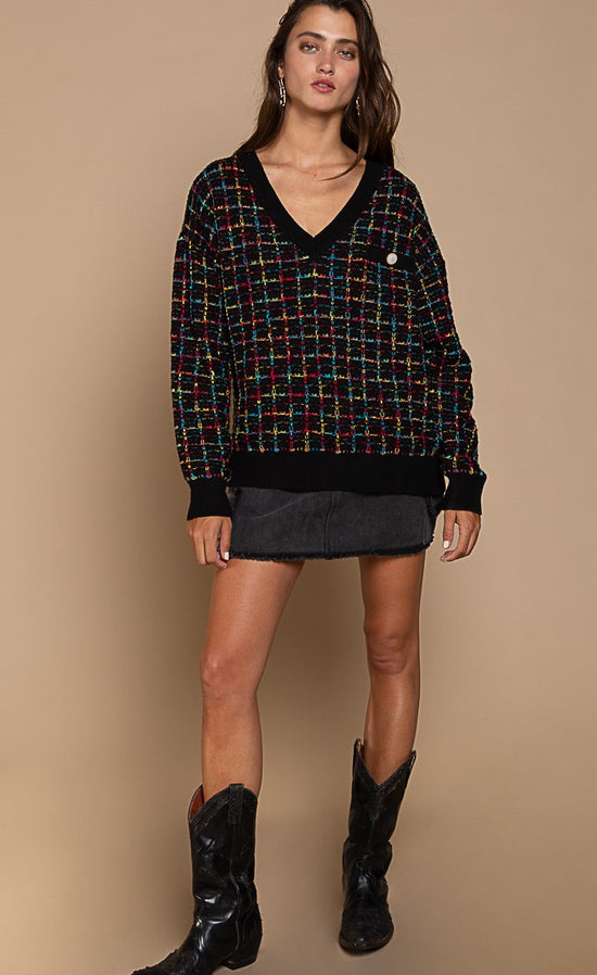 Load image into Gallery viewer, POL ~ Black/Multi Color Check Lightweight Sweater!
