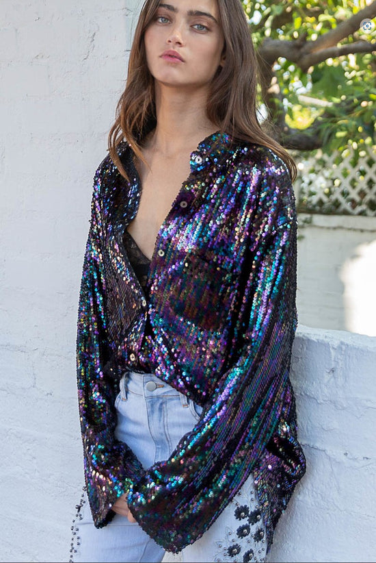 Load image into Gallery viewer, POL Deep Jewel Toned Violet Sequined Long Sleeved Shirt
