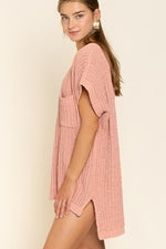 POL Salmon Pink ~  High-Low Chenille Short Sleeve Sweater ~