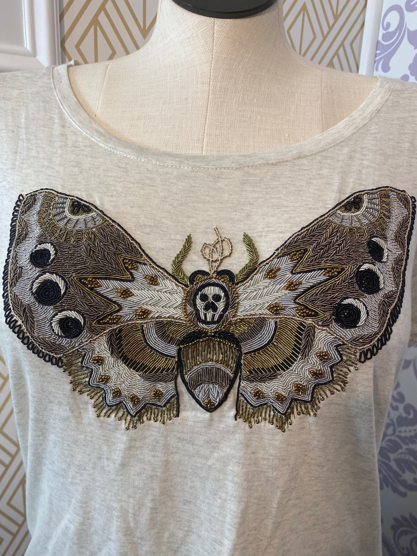 Zadig & Voltaire Tan Heather Butterfly Beaded T-Shirt - Medium
