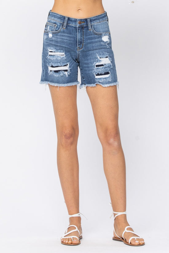Judy Blue ~ Mid-Rise Patch Cut Off Shorts!