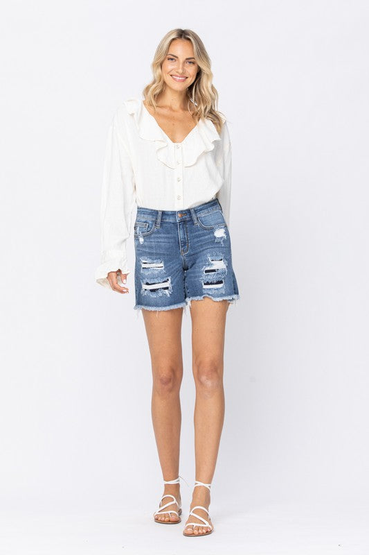 Judy Blue ~ Mid-Rise Patch Cut Off Shorts ~ Style 15206