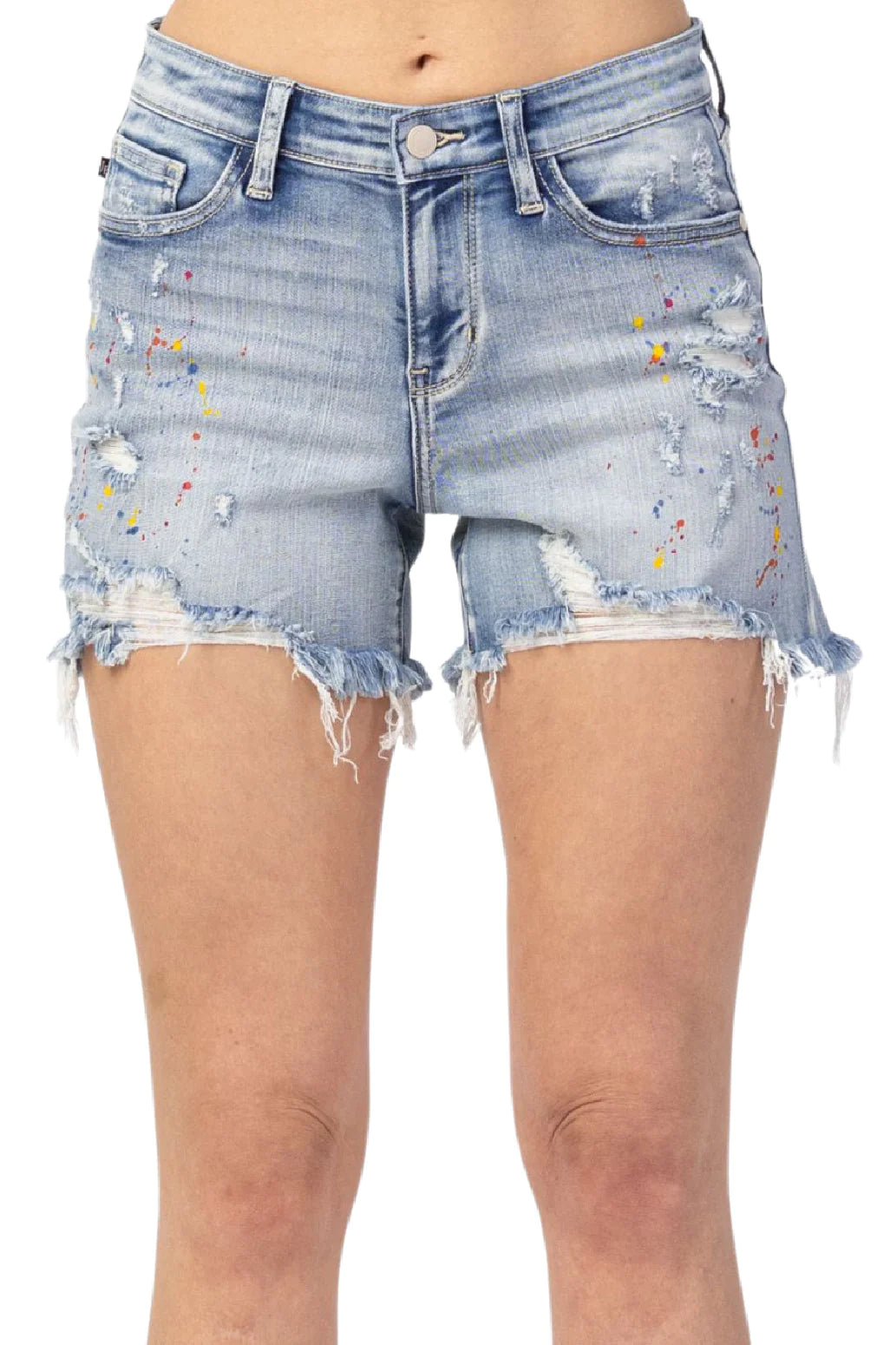 Judy Blue ~ Mid-Rise Rainbow Paint Splash Cutoff Shorts ~ Style 15245