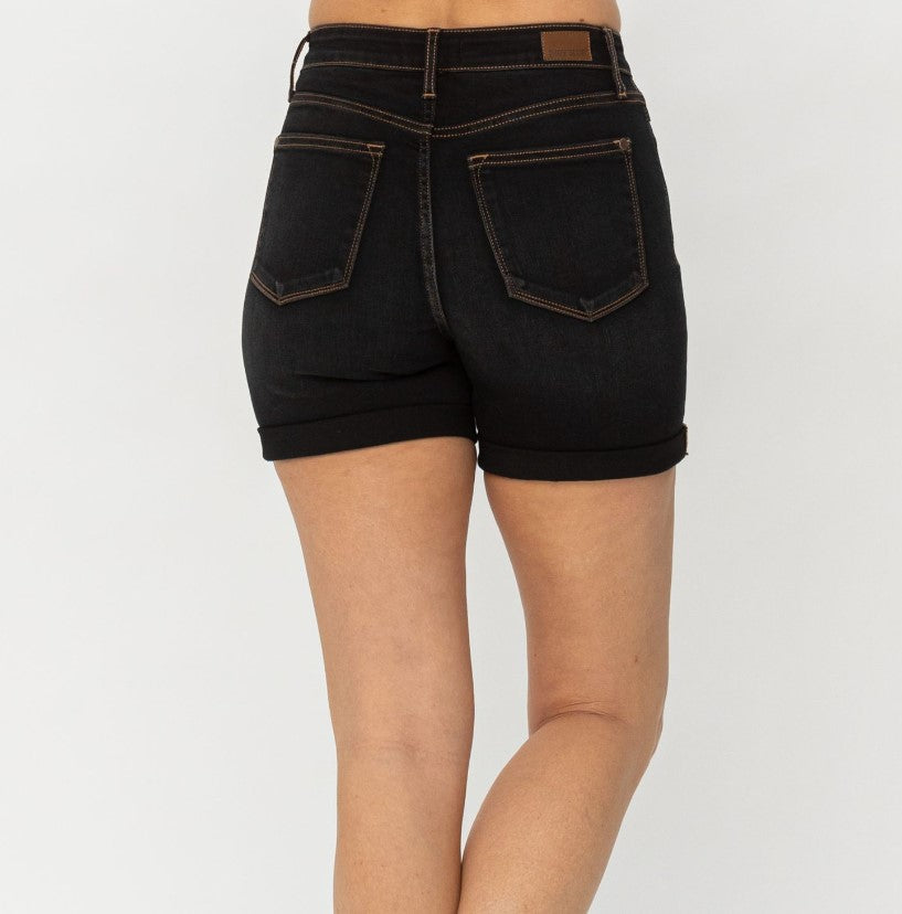 JUDY BLUE ~ High Waist 3D Black Whisker with Brown Thread Shorts ~ Style 15271