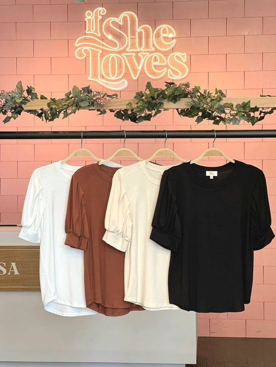 If She Loves - Lovely Puff Sleeves T-shirt Crew Neck ~ The Neutrals:  BLACK/OFFWHITE/CREAM