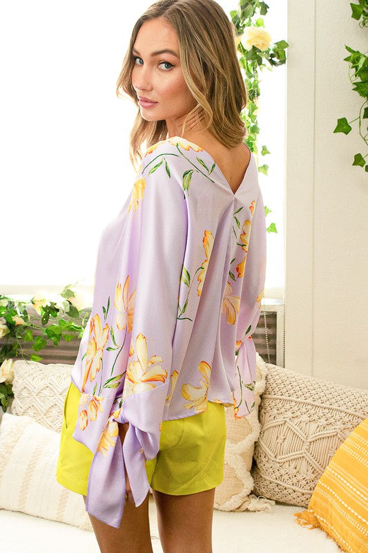 Vine + Love Kimono Sleeve Yellow Lotus Flower on Lavender Background Satin Top!