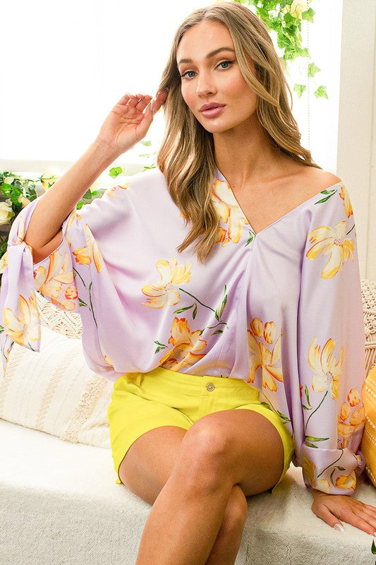 Load image into Gallery viewer, NEW ~ Vine + Love Kimono Sleeve Yellow Lotus Flower on Lavender Background Satin Top!

