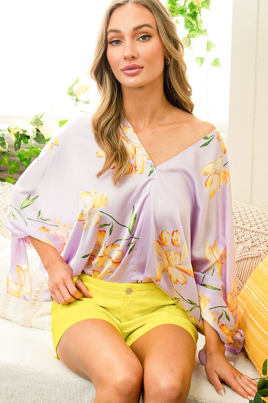 Load image into Gallery viewer, NEW ~ Vine + Love Kimono Sleeve Yellow Lotus Flower on Lavender Background Satin Top!
