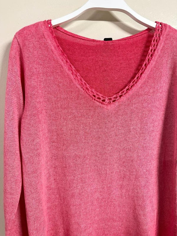 Venti6 ~ Crochet Neckline Mineral Wash Knit Sweater ~ FUCHSIA!