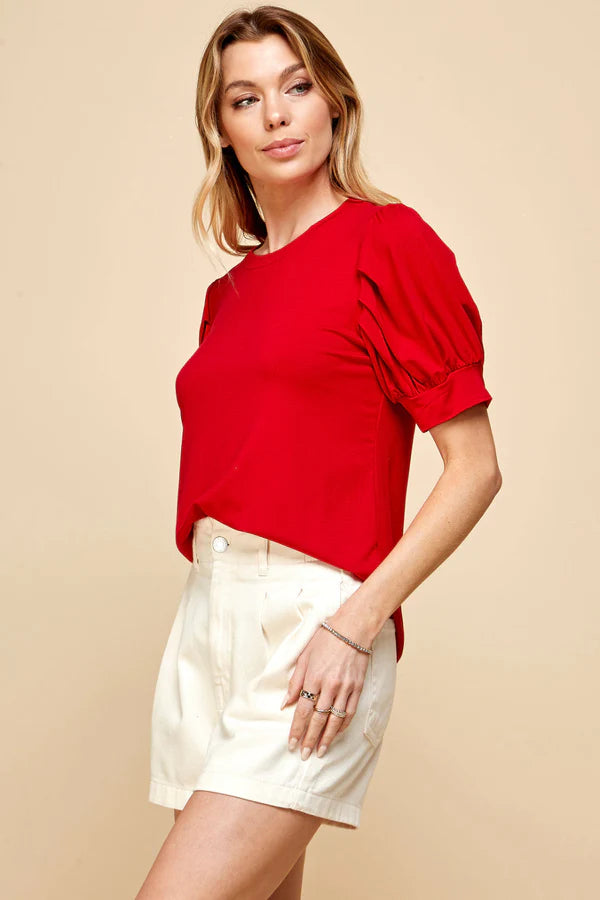 If She Loves ~  Lipstick Red Puff Sleeves Crew Neck Top - Made in the USA!