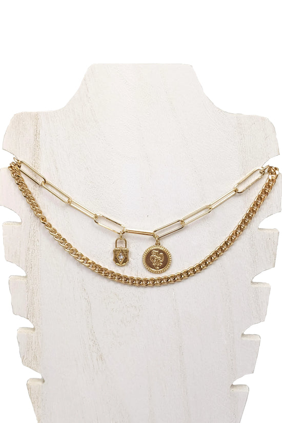 NEW ~ The Sandi ~Double Stranded Goldtone Necklace ~ Lock w/ Crystal & Medallion