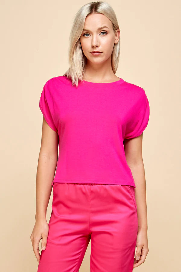 If She Loves ~ Dreamland LA Shoulder Detail Short Sleeve Top ~ Hot Pink ~ Made in the USA!