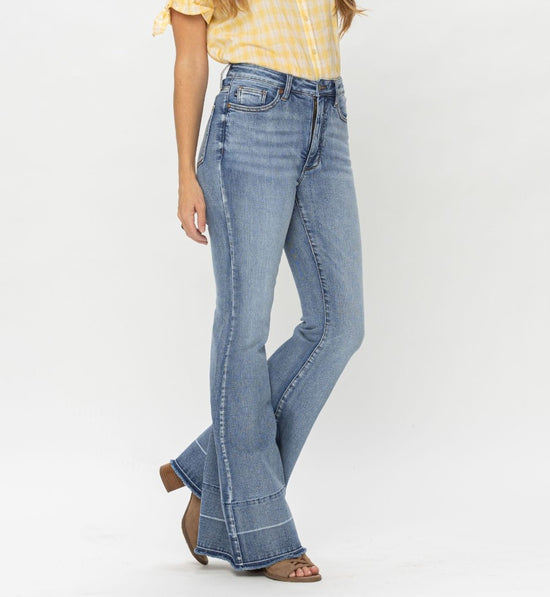 NEW ~ JUDY BLUE High Waist Tummy Control Release Hem Flare Jeans Medium Wash ~ Available in Curvy!