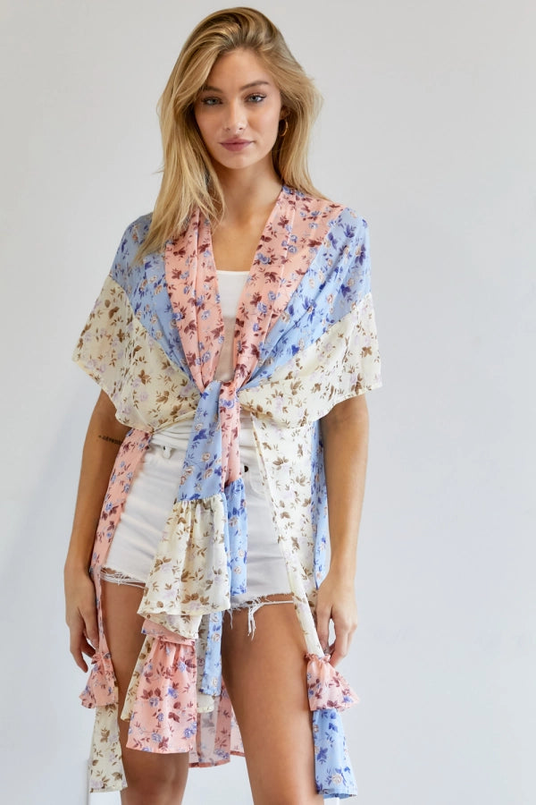SPRING/SUMMER ~ NEW ~  Romantic Pink, Light Blue & Yellow Floral Sheer Kimono ~ Available in Curvy too!