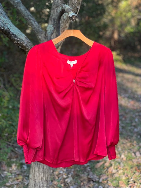 The Lola ~ Curvy ~ Skies Are Blue ~ Textured Satin Lipstick Red Long Sleeved Top