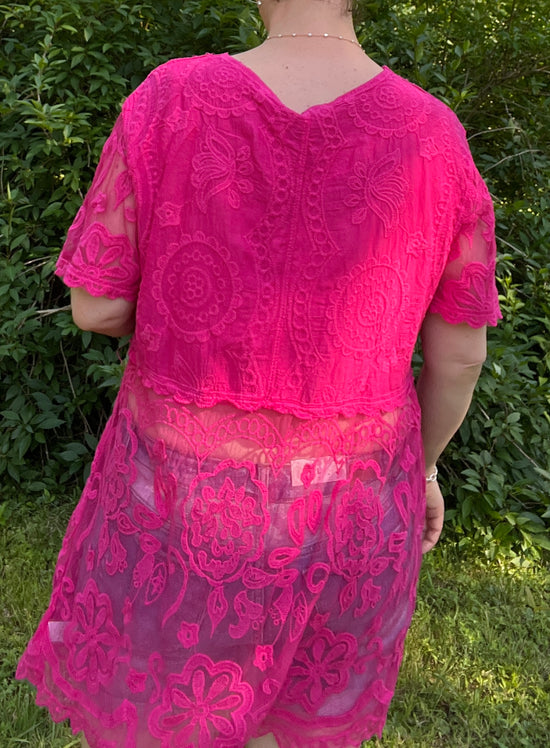 Crochet and Sheer Tulle Button Down Top ~ Fuchsia & Black ~ Available in Curvy too!