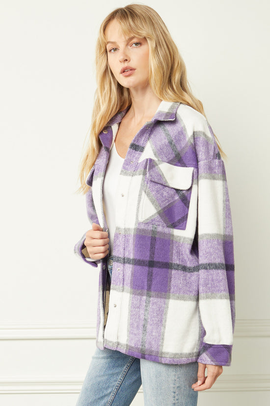 Load image into Gallery viewer, The Sherrie ~ Entro Purple/Black/White Plaid Brushed Shirt-Jacket ~ &amp;quot;Shacket&amp;quot;

