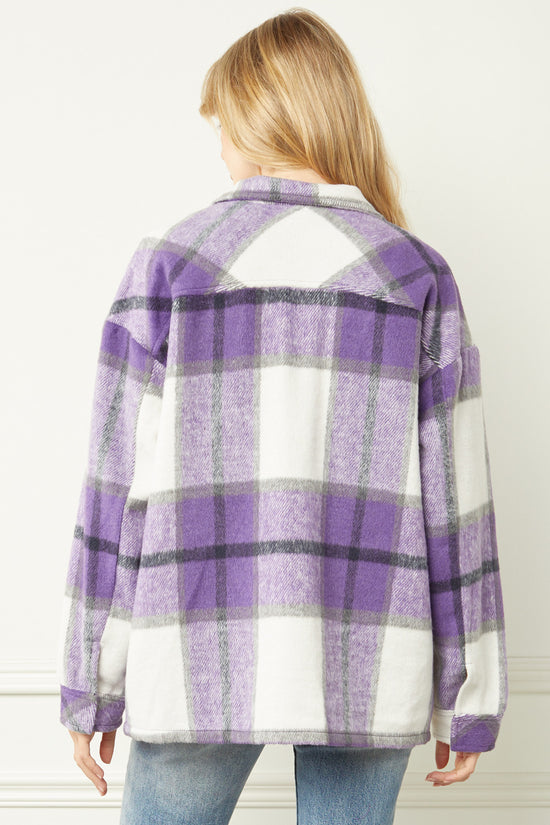 Load image into Gallery viewer, The Sherrie ~ Entro Purple/Black/White Plaid Brushed Shirt-Jacket ~ &amp;quot;Shacket&amp;quot;
