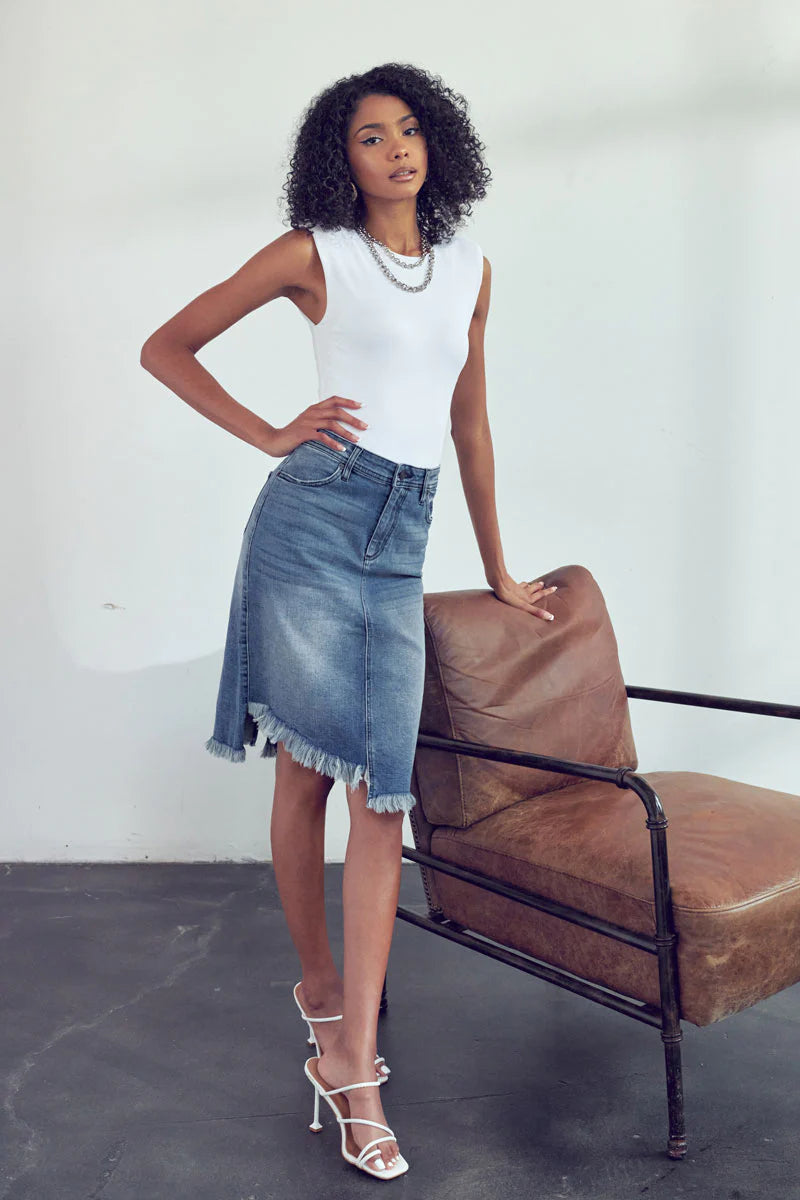 Load image into Gallery viewer, Kan Can Asymmetrical Midi Skirt ~ Medium Wash
