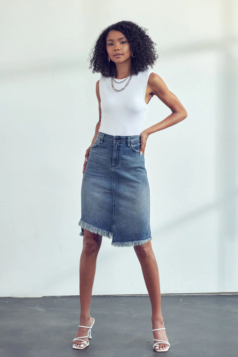 Load image into Gallery viewer, Kan Can Asymmetrical Midi Skirt ~ Medium Wash
