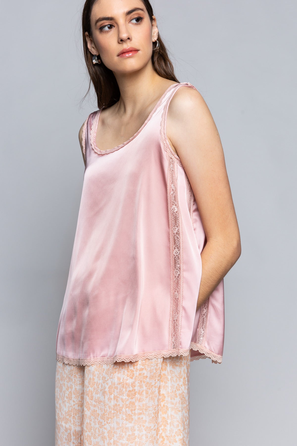 POL Soft and Flowy Satin Pink Top with Lace Details!