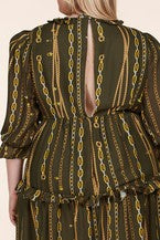 The Abbie ~ Olive Maxi Dress with Vertical Ornate Chain Print
