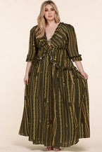 The Abbie ~ Olive Maxi Dress with Vertical Ornate Chain Print