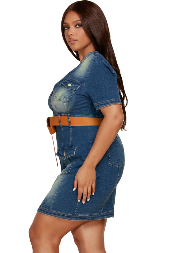 LATISTE ~ Short Sleeve Denim Dress with Belt ~ CURVY!