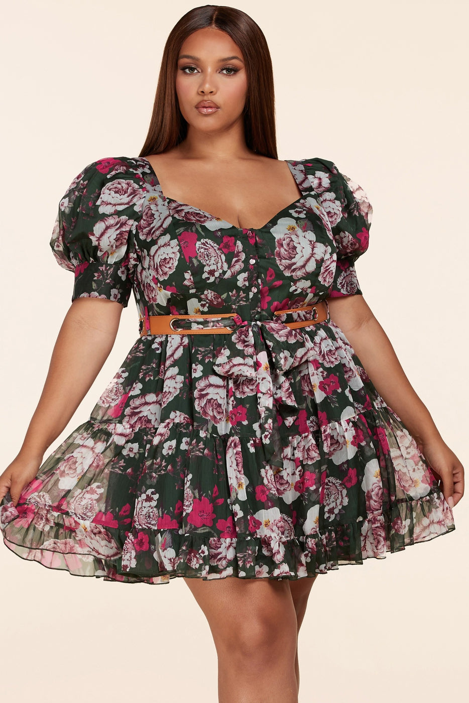 Latiste Forest Green Floral Mini Dress ~ Curvy!