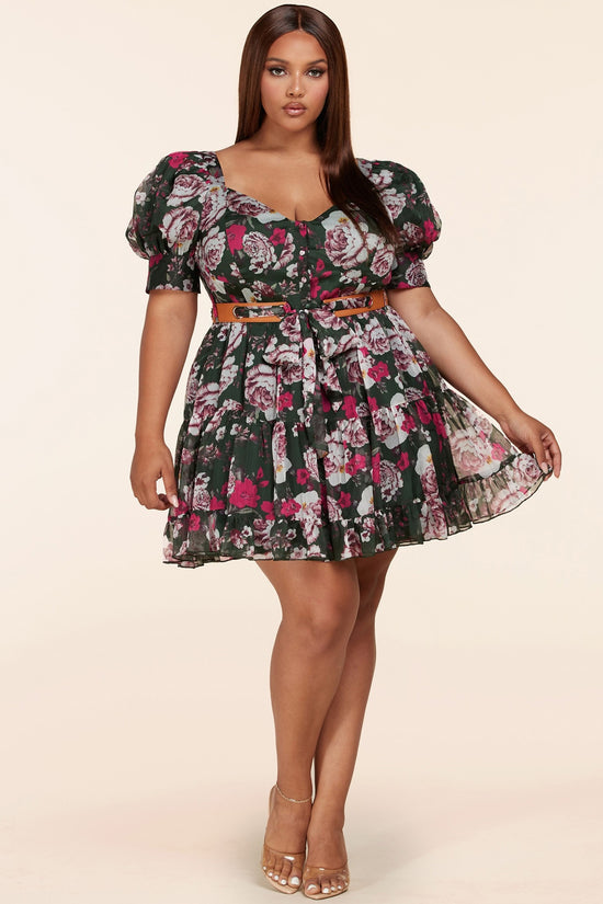 Latiste Forest Green Floral Mini Dress ~ Curvy!