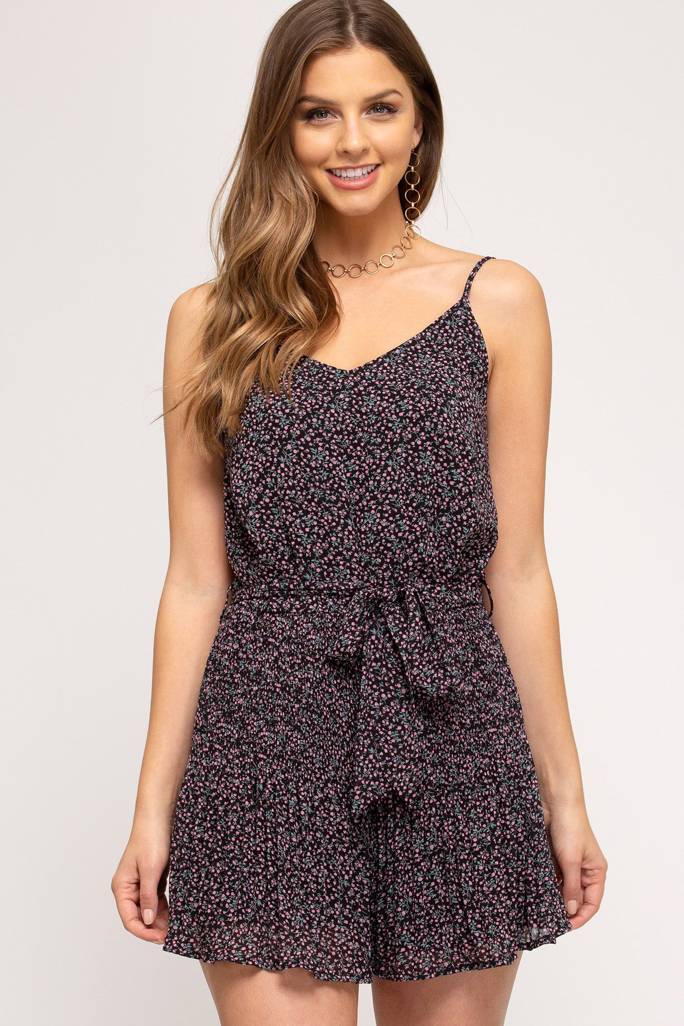 She+Sky Ditsy Black Floral Print Woven Cami Romper with Pleated Shorts and Waist Sash