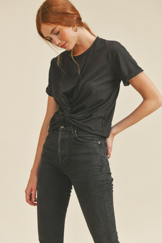 If She Loves ~ Black Short Sleeve Top with Knot Detail ~ Made in the USA!