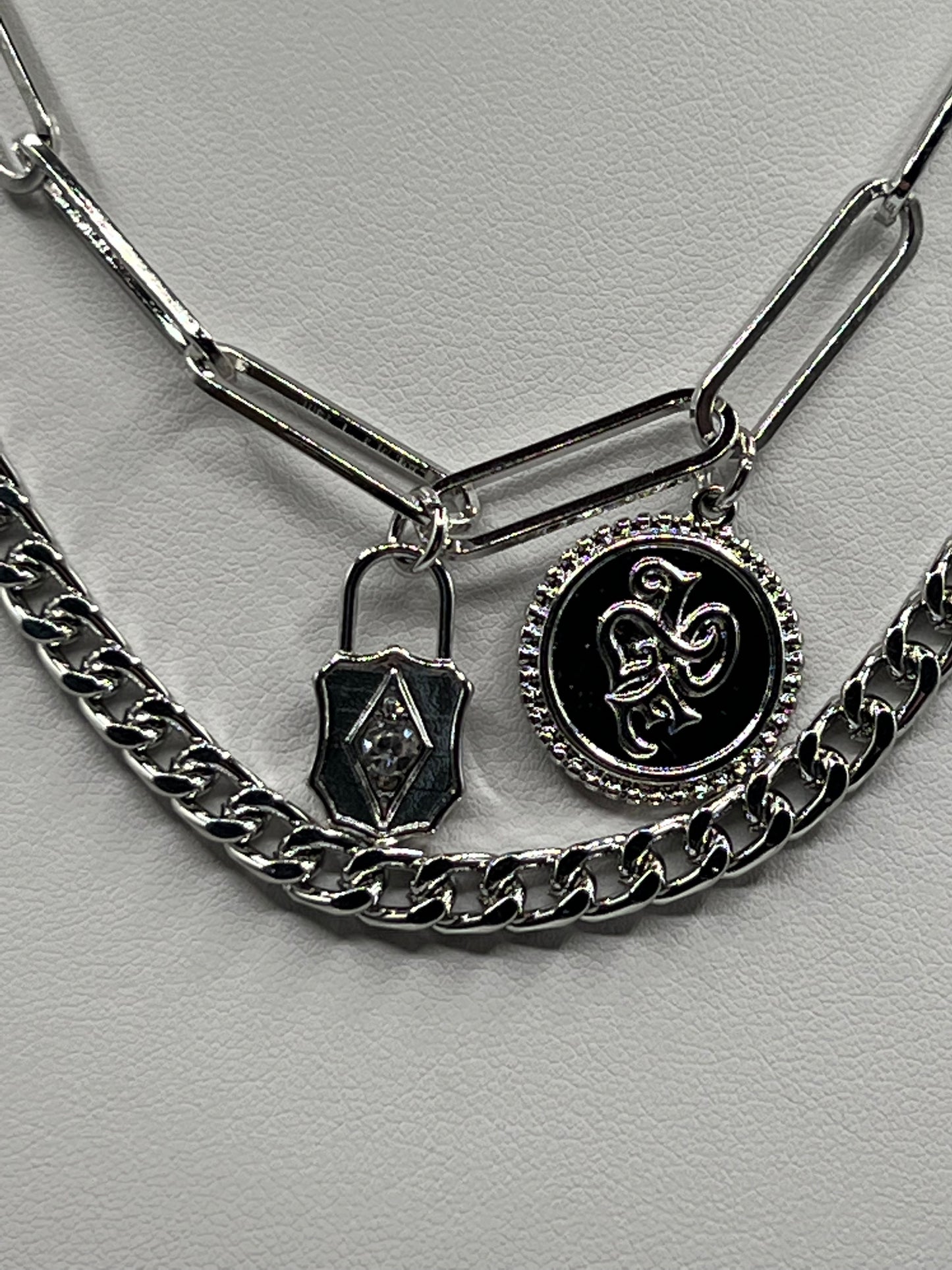 NEW ~ The Sandi ~Double Stranded Silvertone Necklace ~ Lock w/ Crystal & Medallion