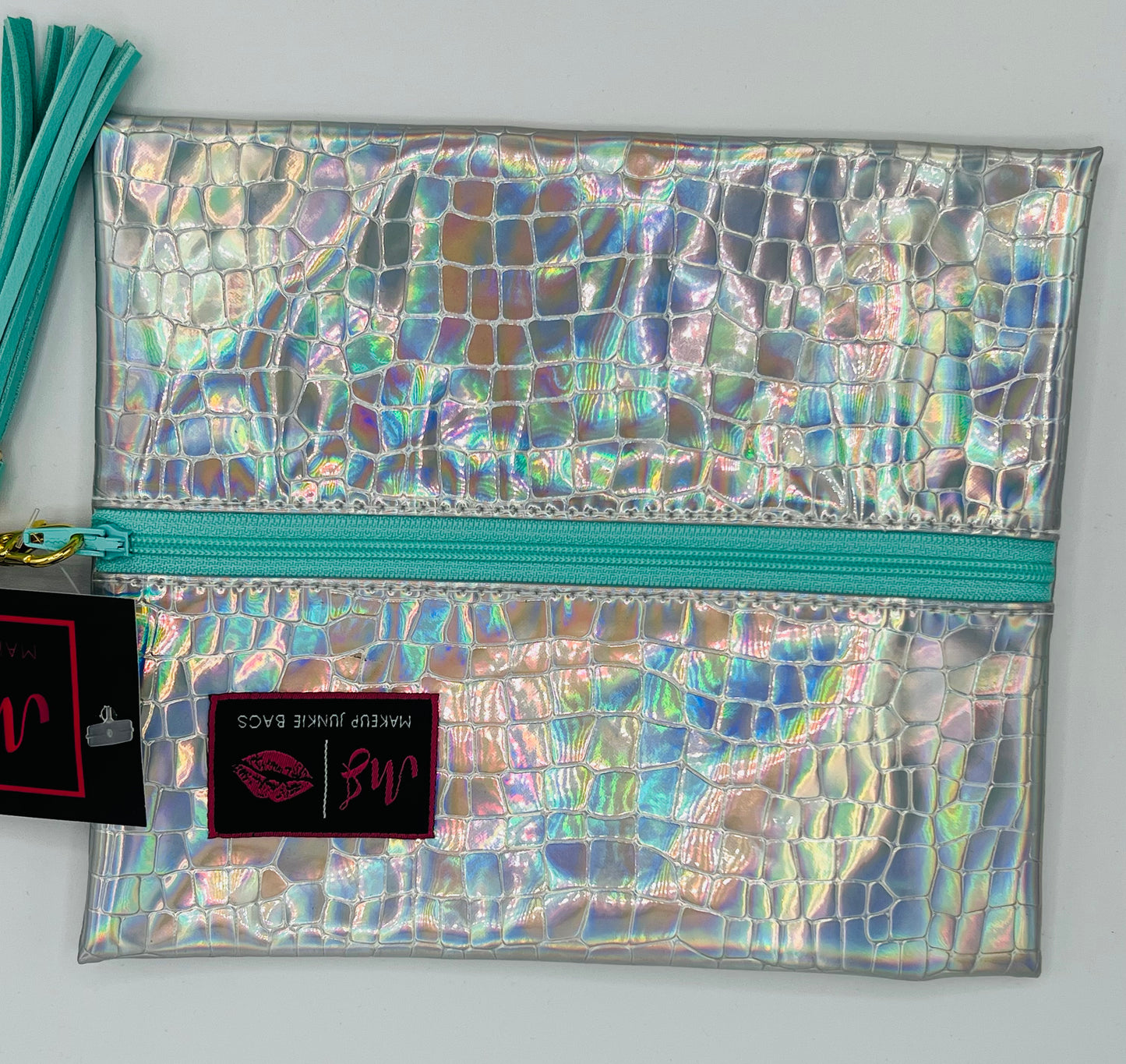 MAKEUP JUNKIE ~ The Seafoam Holographic Gator Bag ~ Small