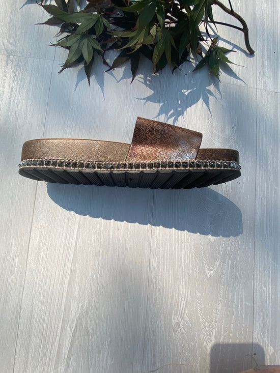 Load image into Gallery viewer, NEW ~ Boutique by Corkys ~ Birch Rose Gold Snake Print Slides ~ Size 41
