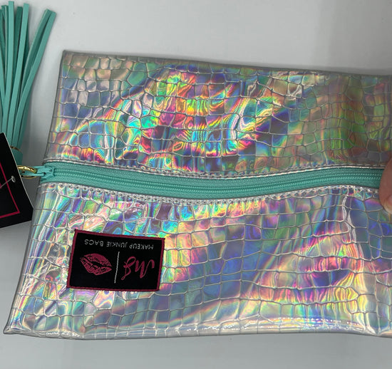 MAKEUP JUNKIE ~ The Seafoam Holographic Gator Bag ~ Small